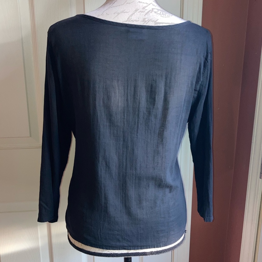 Black Sheer Lightweight Cotton Blouse Top 3/4 Sleeves by City Lights Medium - Picture 5 of 8